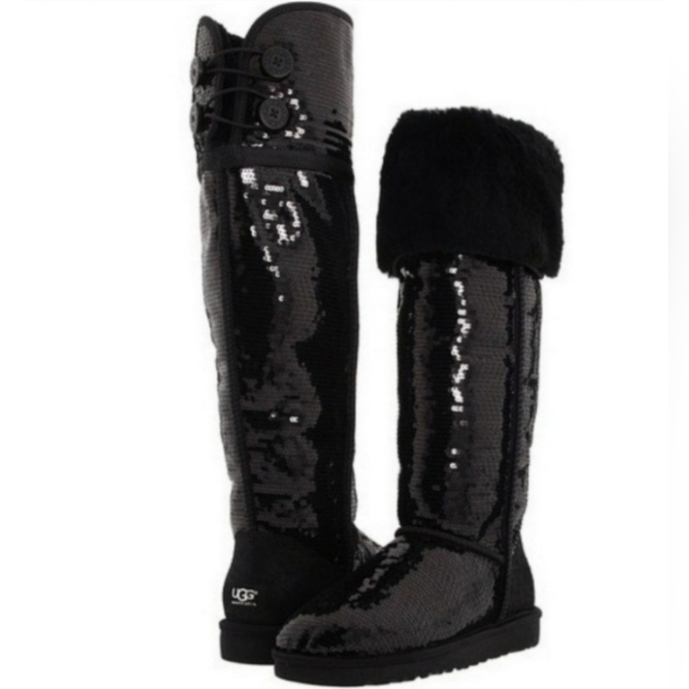 UGG AUSTRALIA SPARKLE SEQUIN OVER THE KNEE BAILEY BUTTON BOOTS BLACK Size 6